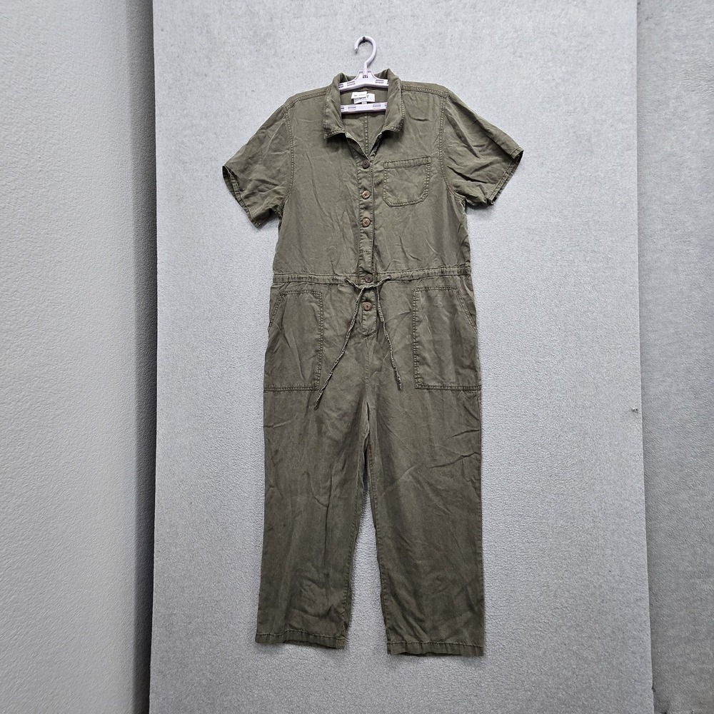 OAT NEW YORK Women Pants XL Olive Green Jumpsuit Utility Short Sleeve READ